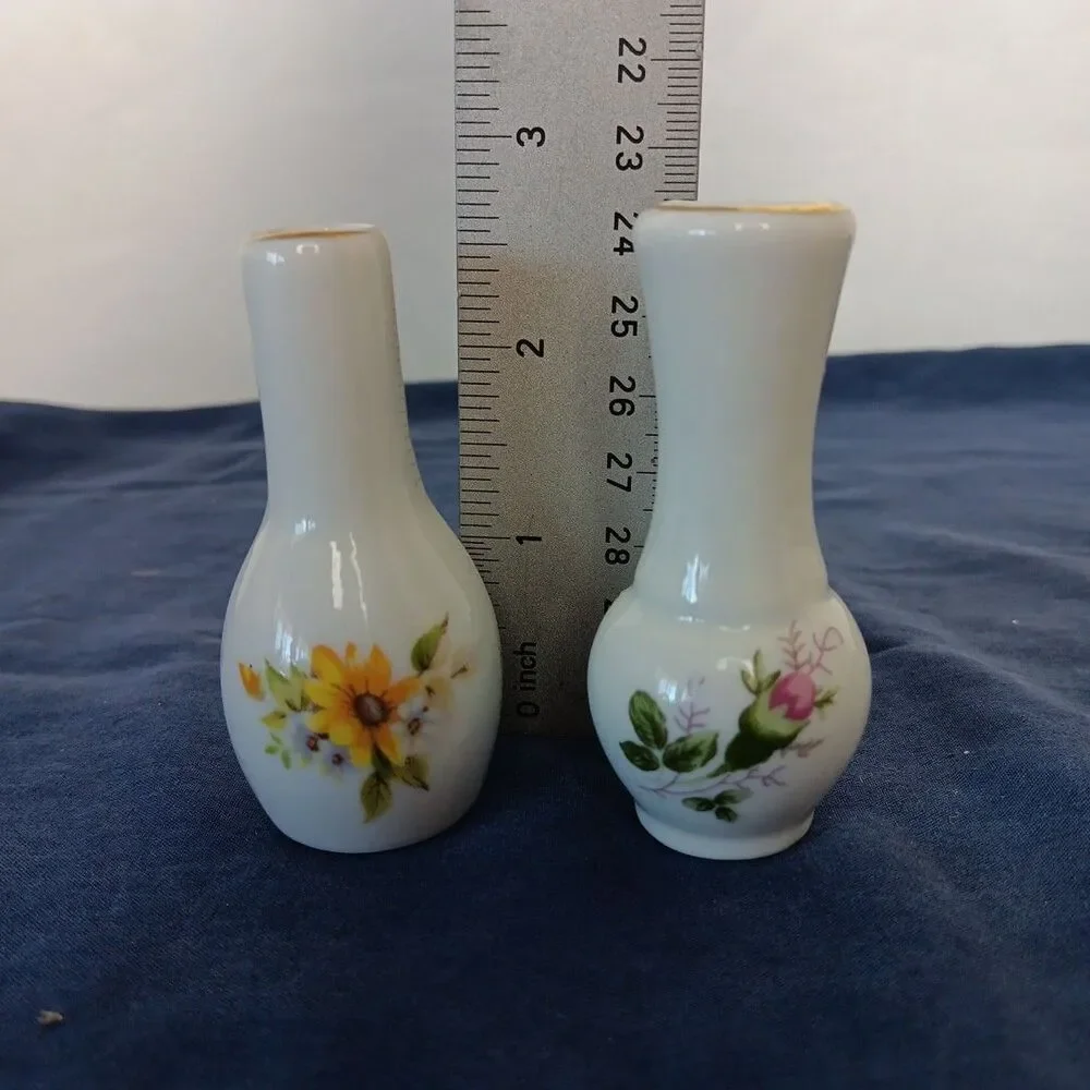 Miniature Vase 2 1/2” Tall Porcelain  Yellow and Pink Flowers Gold Rim